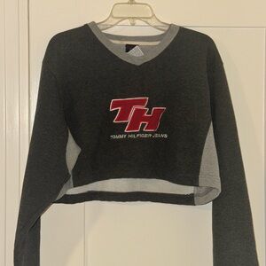 Tommy Hilfiger Black and Gray Cropped Sweatshirt with Red Logo